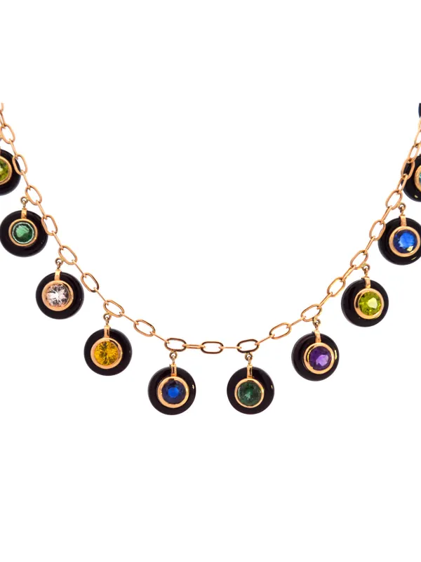 Multi Color Sapphire Onyx 14K Gold Station Drop Necklace sold by Wish Fine Jewelry