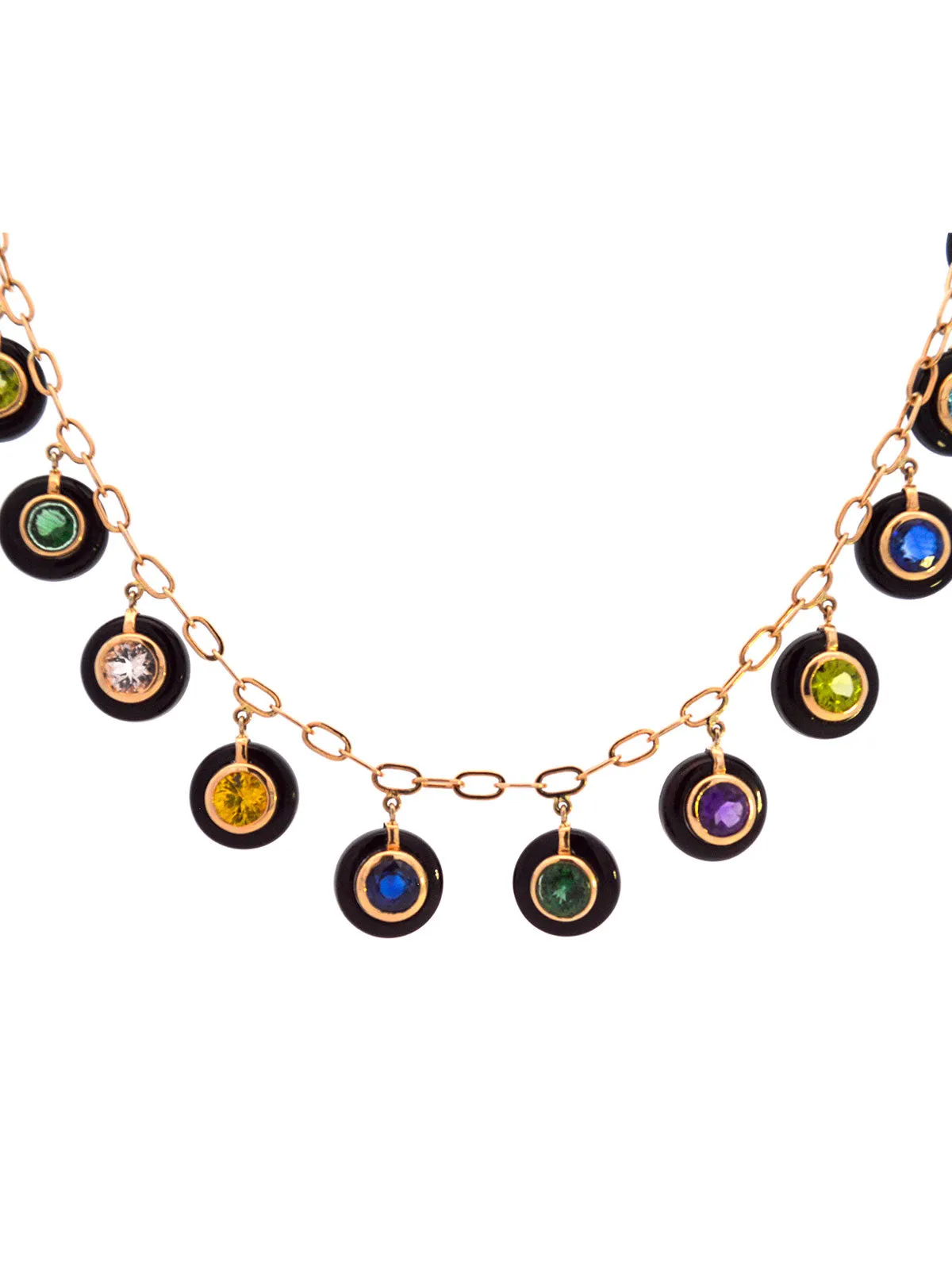 Multi Color Sapphire Onyx 14K Gold Station Drop Necklace sold by Wish Fine Jewelry