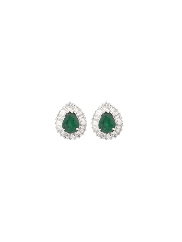 3.41ct Emerald Diamond 18K Gold Pear Halo Stud Earrings sold by Wish Fine Jewelry