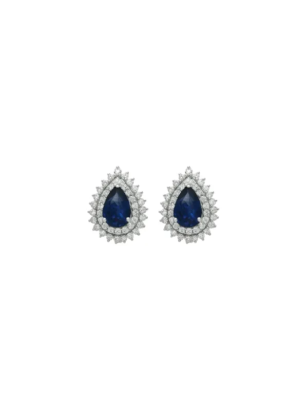 3.41ct Diamond Sapphire 18K Gold Pear Halo Stud Earrings made by Wish Fine Jewelry