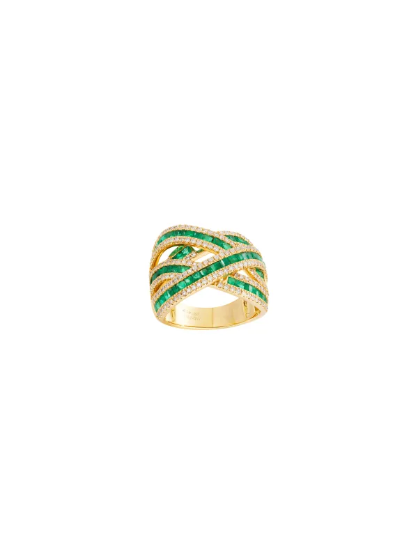 3.261ct Emerald Diamond 14K Gold Crossover Ring sold by Wish Fine Jewelry