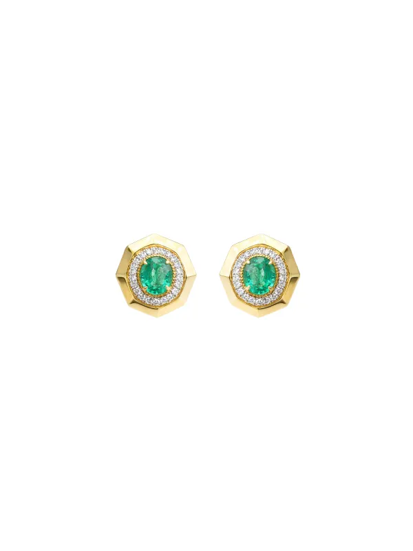 1.391ct Diamond Emerald 14K Gold Halo Bezel Stud Earrings sold by Wish Fine Jewelry