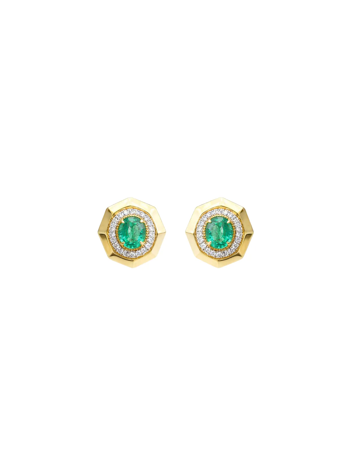 1.39ct Diamond Emerald 14K Gold Halo Bezel Stud Earrings sold by Wish Fine Jewelry