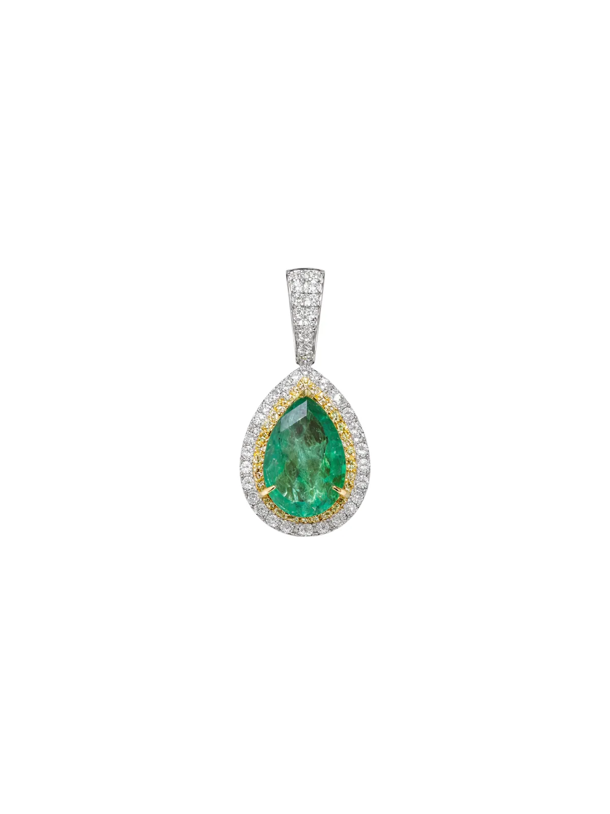 5.39ct Emerald Diamond 18K Gold Dangle Pendant sold by Wish Fine Jewelry