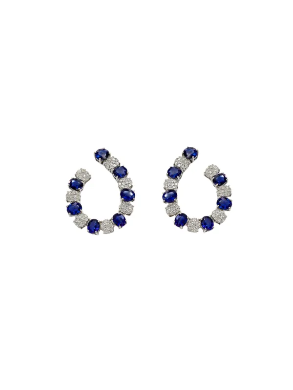 6.25ct Diamond Sapphire 14K Gold Curved Earrings made by Wish Fine Jewelry