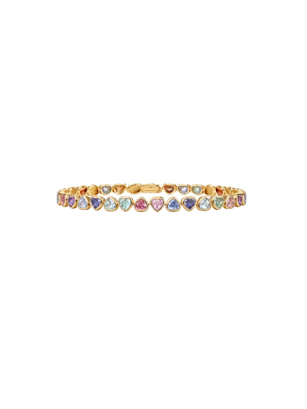 10.66ct Multi Sapphire 14K Gold Bezel Heart Tennis Bracelet made by Wish Fine Jewelry