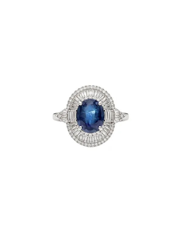 3.60ct Diamond Sapphire 18K Gold Halo Cocktail Ring made by Wish Fine Jewelry