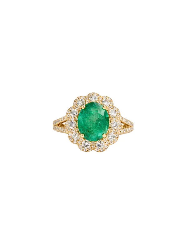 3.20ct Diamond Emerald 14K Gold Halo Cocktail Ring made by Wish Fine Jewelry