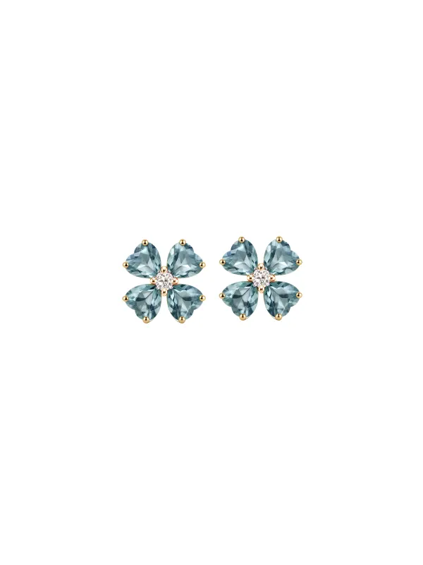 5.18ct Diamond Blue Topaz 18K Gold Heart Cut Clover Stud Earrings made by Wish Fine Jewelry
