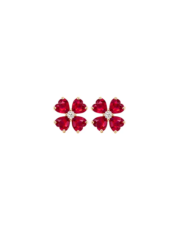 4.15ct Diamond Ruby 18K Gold Heart Cut Clover Stud Earrings made by Wish Fine Jewelry