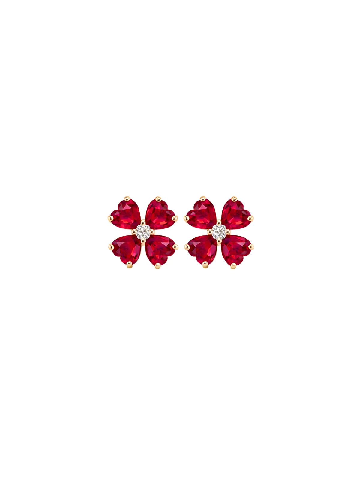 4.15ct Diamond Ruby 18K Gold Heart Cut Clover Stud Earrings sold by Wish Fine Jewelry