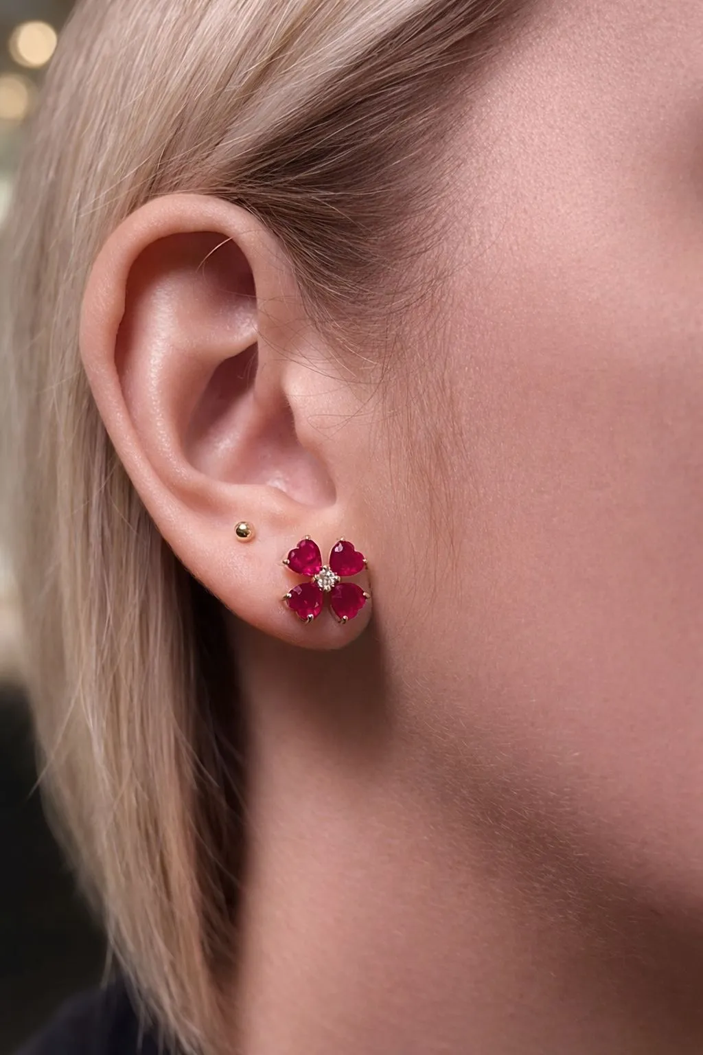 4.15ct Diamond Ruby 18K Gold Heart Cut Clover Stud Earrings sold by Wish Fine Jewelry product image thumbnail 2