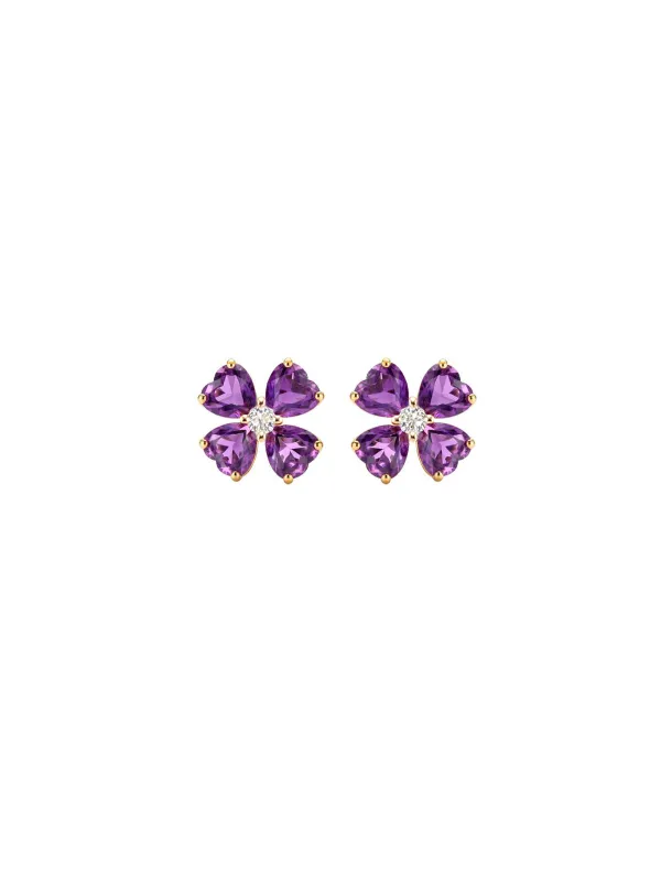 3.96ct Diamond Amethyst 18K Gold Flower Stud Earrings made by Wish Fine Jewelry