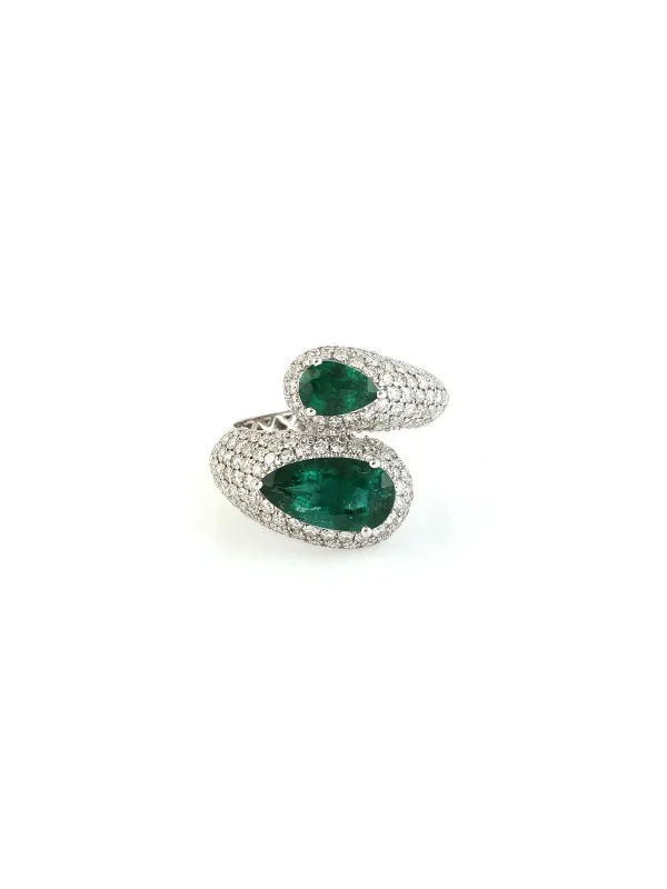 4.12ct Emerald Diamond 18K Gold Bypass Ring made by Wish Fine Jewelry