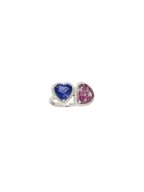 10.81ct Diamond Tourmaline Tanzanite 18K Gold Heart Pear Toi et Moi Ring made by Wish Fine Jewelry