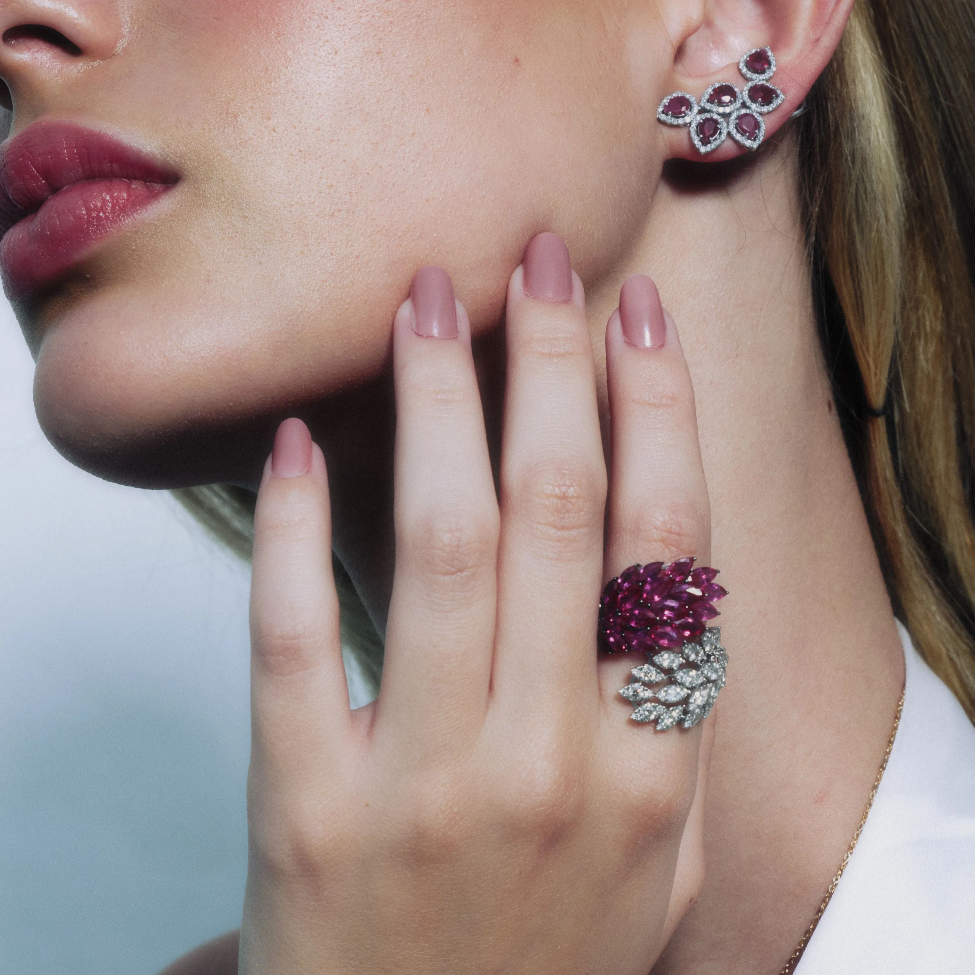 7.36ct Diamond Ruby 18K Gold Cluster Leaf Bypass Ring sold by Wish Fine Jewelry product image thumbnail 2