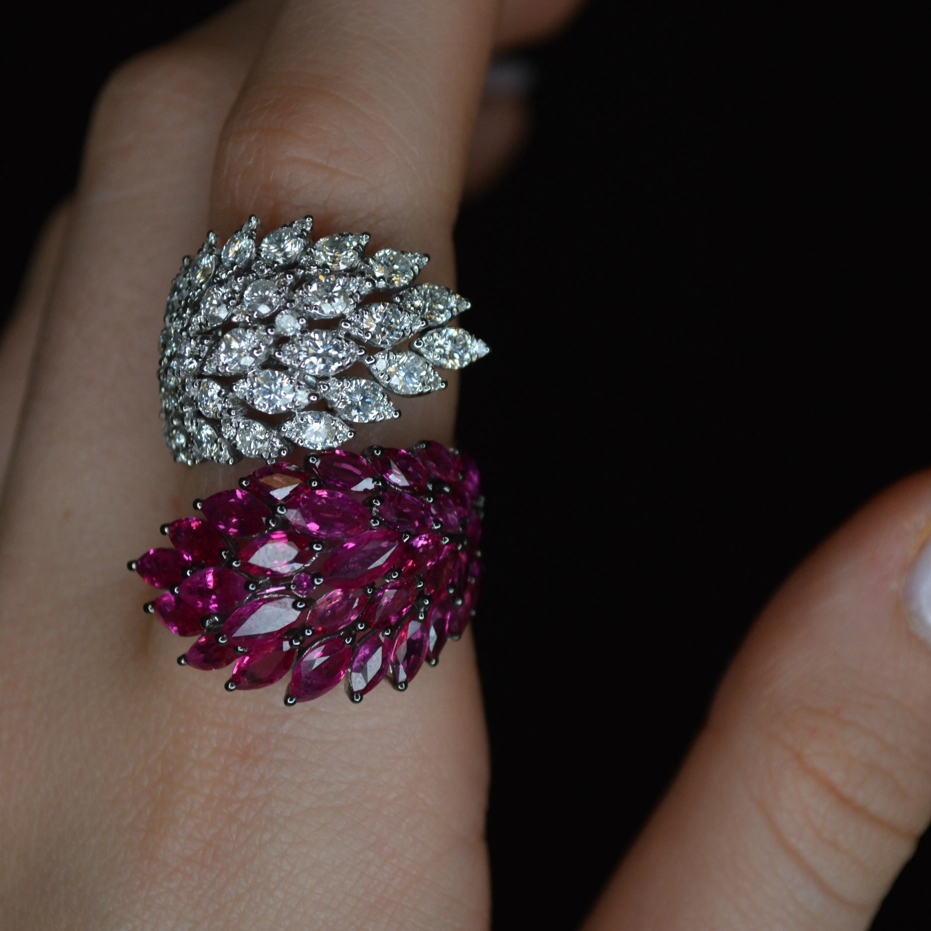 7.36ct Diamond Ruby 18K Gold Cluster Leaf Bypass Ring sold by Wish Fine Jewelry product image thumbnail 3