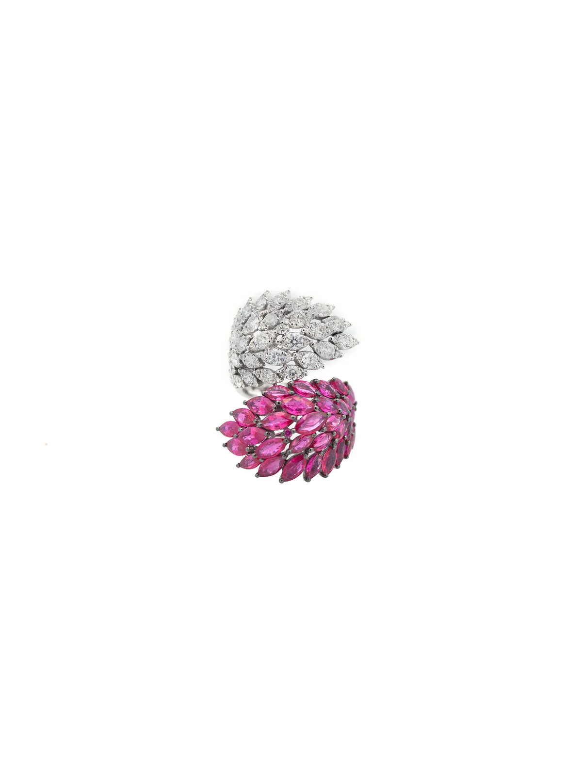 7.36ct Diamond Ruby 18K Gold Cluster Leaf Bypass Ring sold by Wish Fine Jewelry