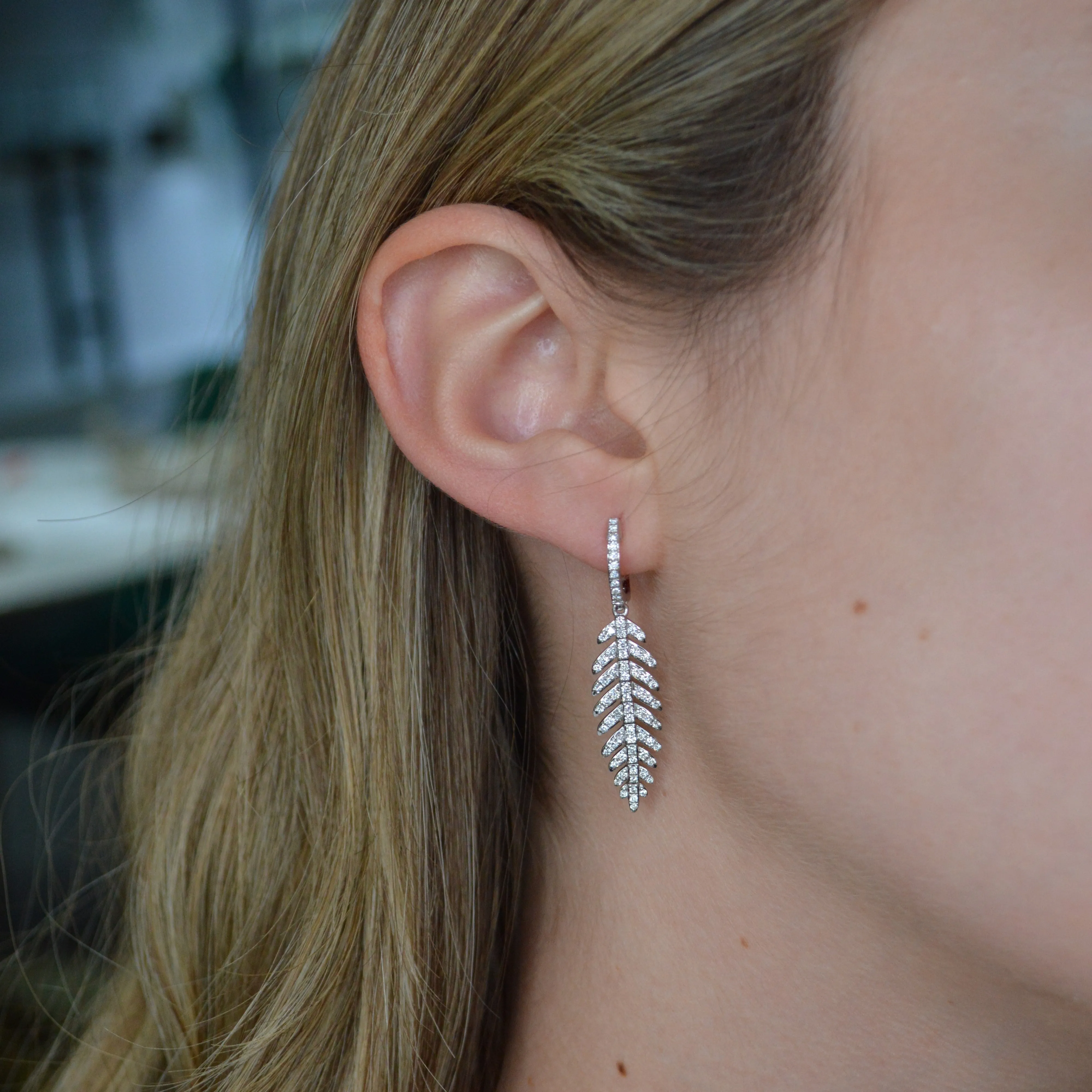 0.45ct Diamond 14K Gold Pave Leaf Dangle Drop One Piece Earrings sold by Wish Fine Jewelry product image thumbnail 2