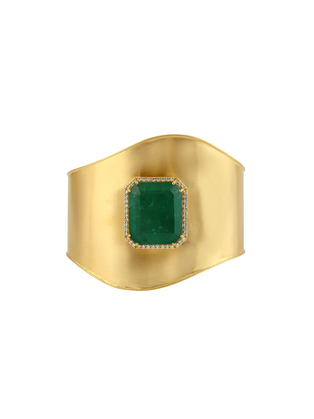 29.61ct Diamond Emerald 18K Gold Wide Cuff Bracelet sold by Wish Fine Jewelry