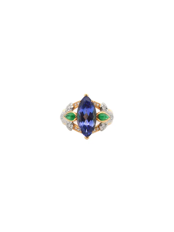 4.58ct Diamond Tanzanite Emerald 18K Gold Platinum Marquise Ring made by Wish Fine Jewelry