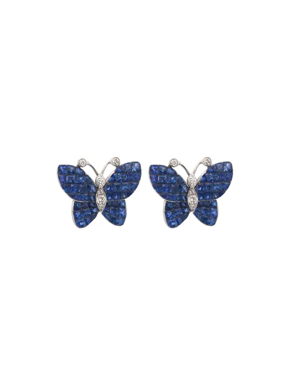 3.24ct Diamond Sapphire 18K Gold Butterfly Invisible Set Stud Earrings made by Wish Fine Jewelry