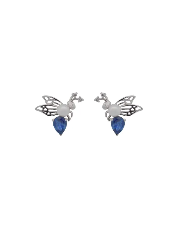 0.52ct Diamond Sapphire Pearl 18K Gold Bee Stud Earrings made by Wish Fine Jewelry