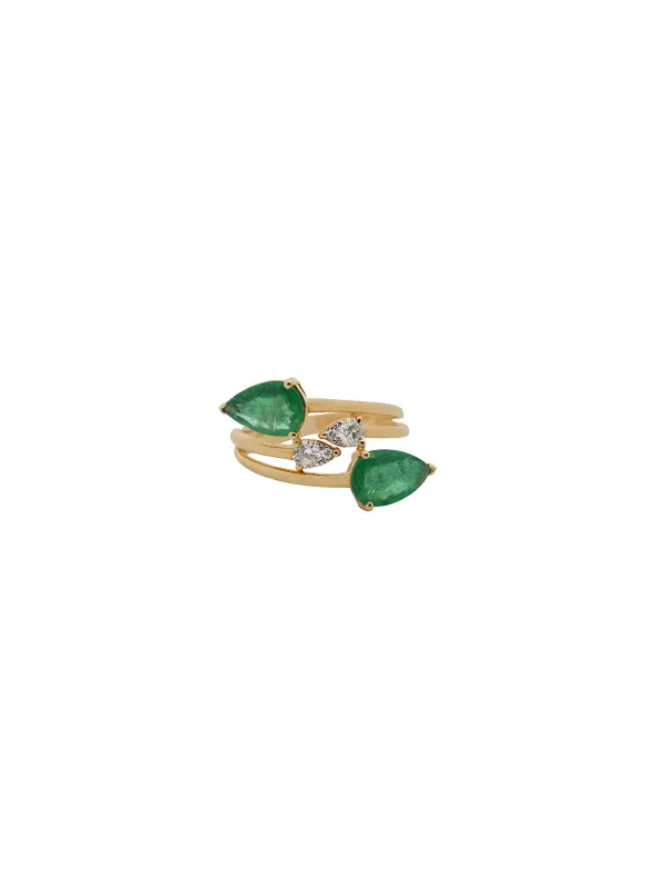 2.15ct Diamond Emerald 18K Gold Double Pear Ring made by Wish Fine Jewelry
