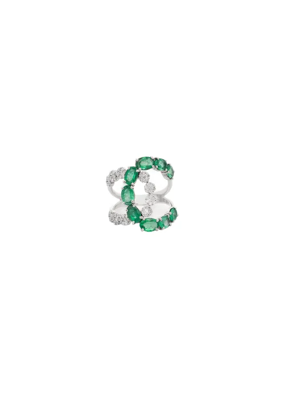 3.35ct Diamond Emerald 18K Gold Double Crossover Ring made by Wish Fine Jewelry