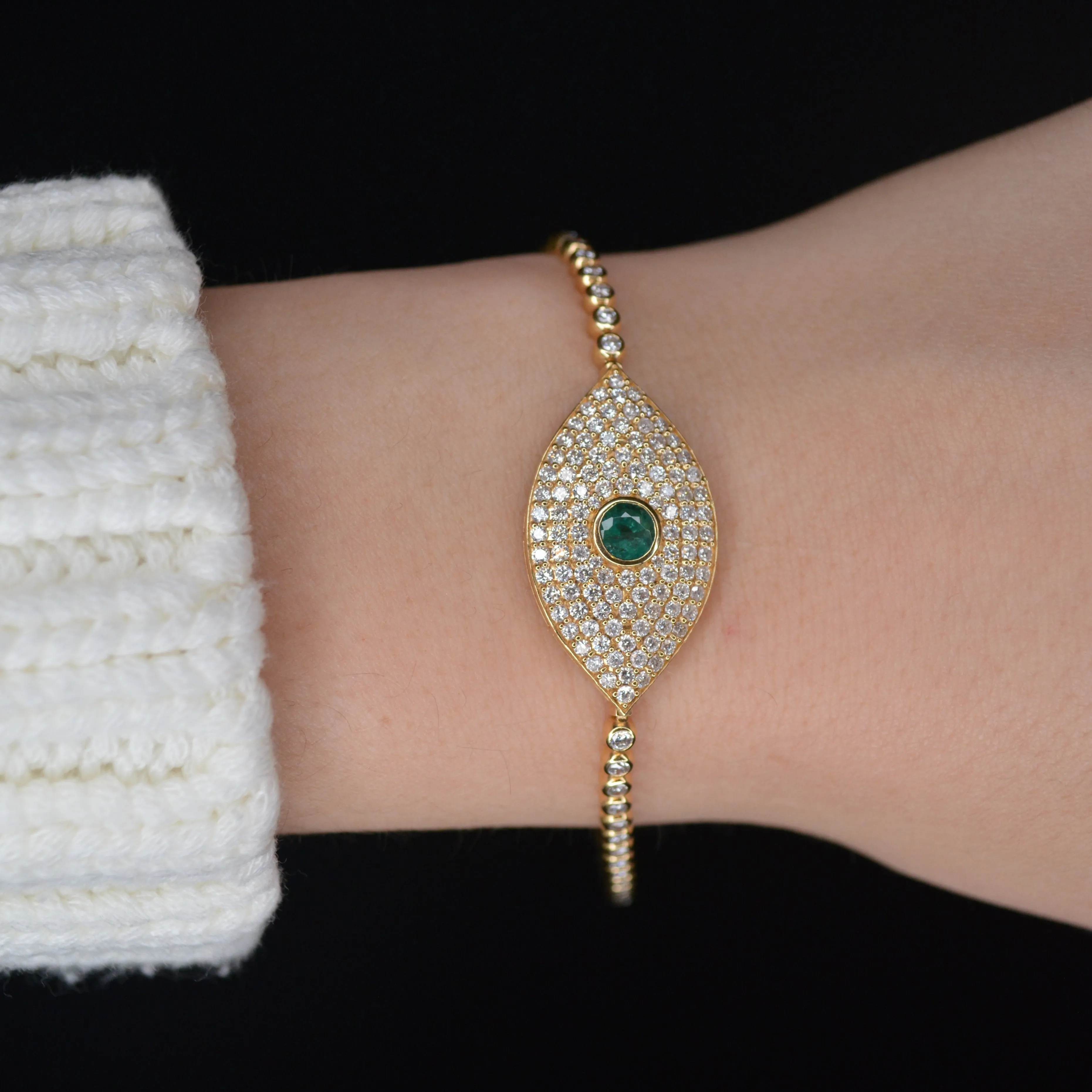 3.44ct Diamond Emerald 18K Gold Evil Eye Bracelet sold by Wish Fine Jewelry product image thumbnail 2