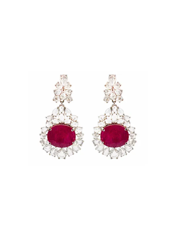 15.01ct Rose Cut Diamond Ruby 18K Gold Earrings made by Wish Fine Jewelry