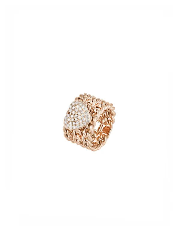 0.74ct Diamond 18K Gold Pave Heart Cuban Chain Three Row Ring made by Wish Fine Jewelry