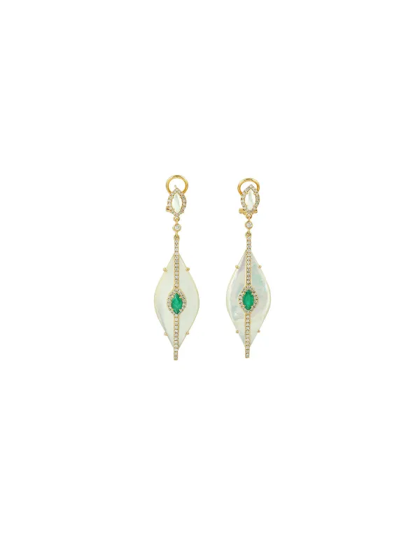 20.51ct Diamond Emerald Mother Of Pearl 18K Gold Dangle Drop Earrings made by Wish Fine Jewelry