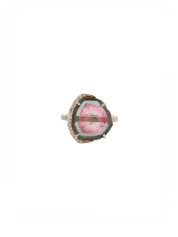 5.38ct Diamond Watermelon Tourmaline 18K Gold Ring made by Wish Fine Jewelry