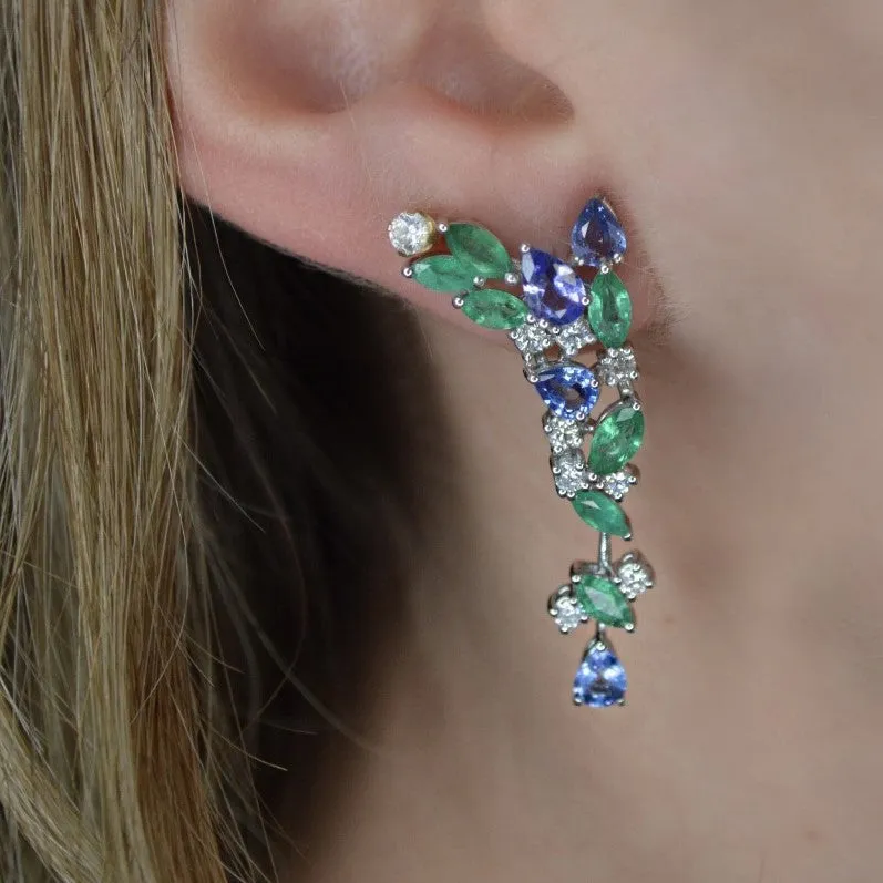 5.66ct Diamond Tanzanite Emerald 18K Gold Drop Earrings sold by Wish Fine Jewelry product image thumbnail 2