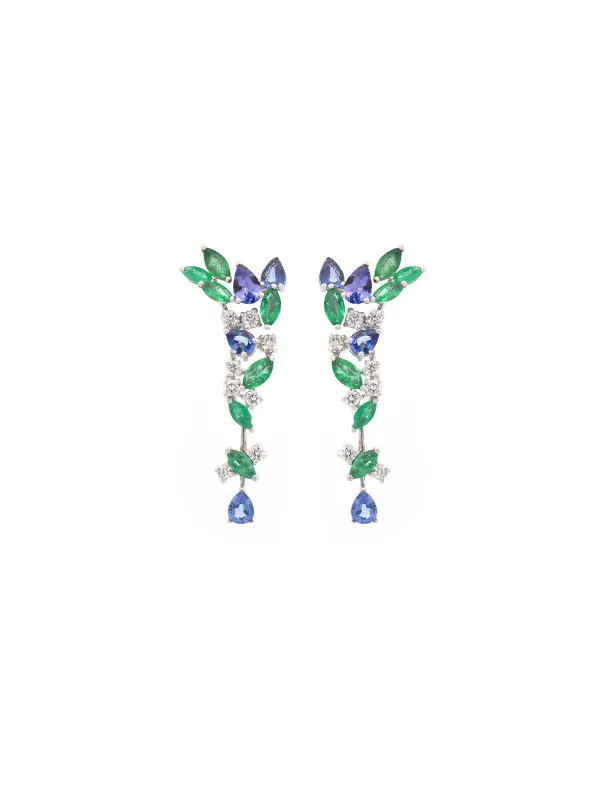 5.66ct Diamond Tanzanite Emerald 18K Gold Drop Earrings made by Wish Fine Jewelry