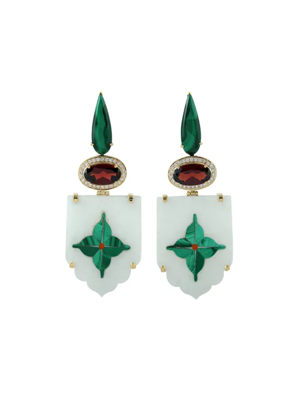 15.76ct Diamond Red Garnet Malachite 18K Gold Marble Earrings made by Wish Fine Jewelry
