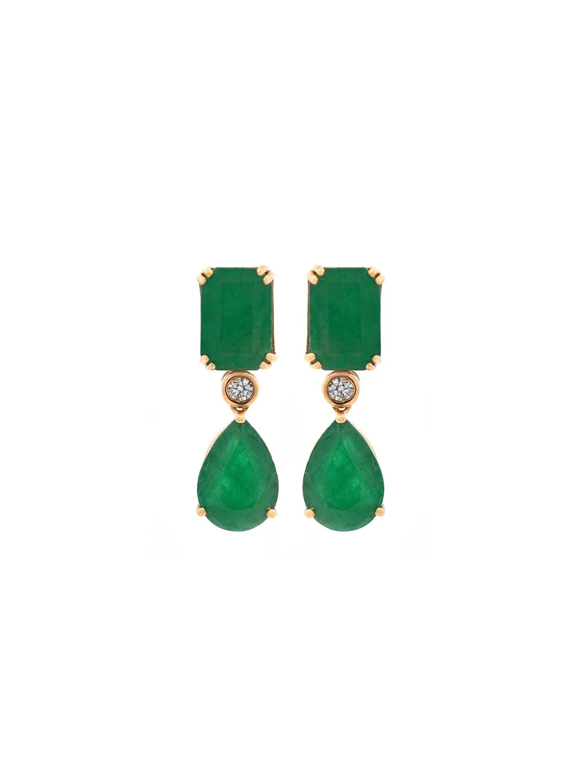 12.04ct Emerald Diamond 18K Gold Dangle Drop Earrings sold by Wish Fine Jewelry