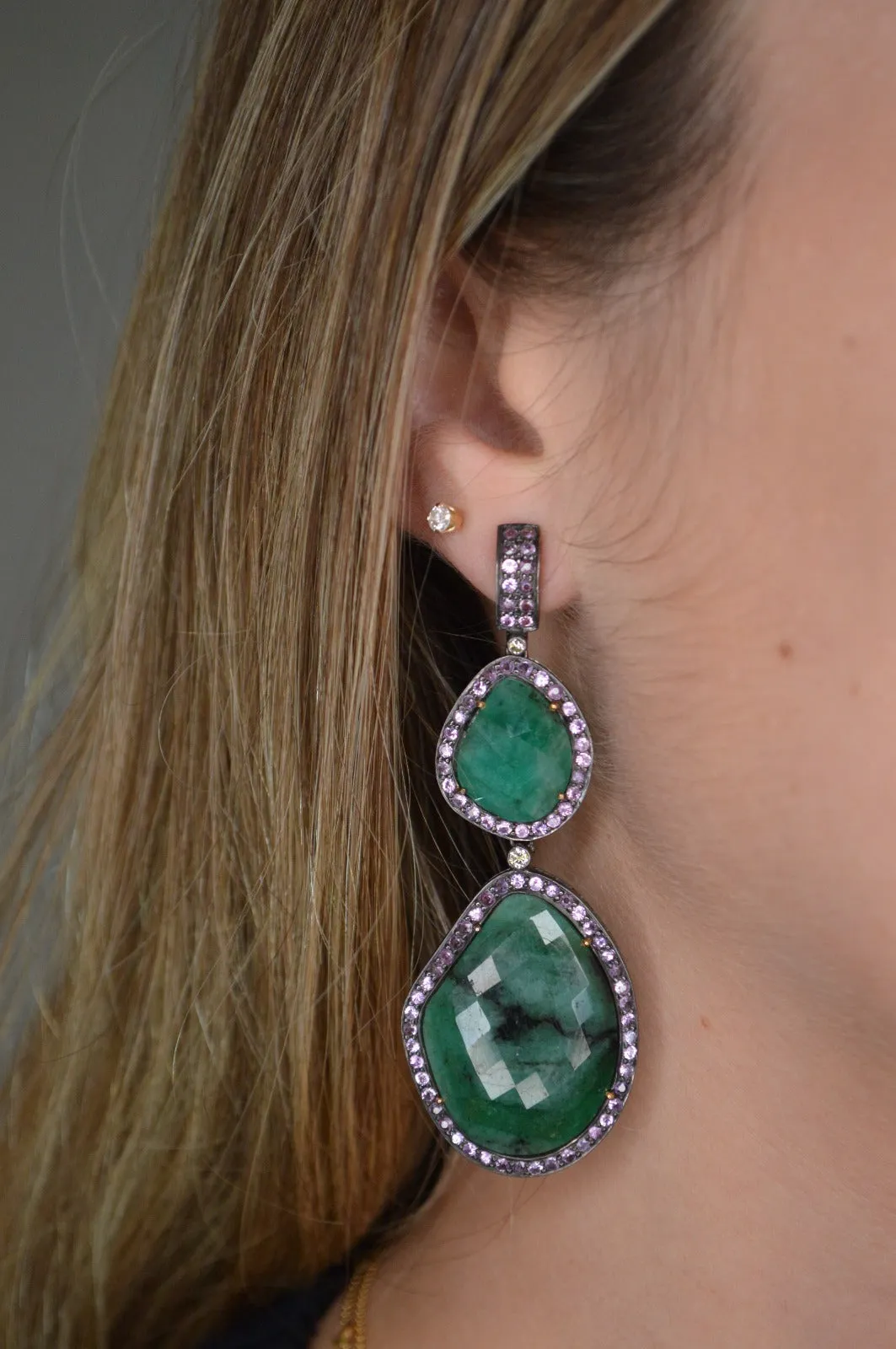 48.92ct Emerald Sapphire Diamond 18K Gold Statement Earrings sold by Wish Fine Jewelry product image thumbnail 2