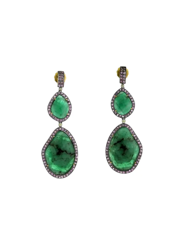 48.92ct Emerald Sapphire Diamond 18K Gold Statement Earrings made by Wish Fine Jewelry