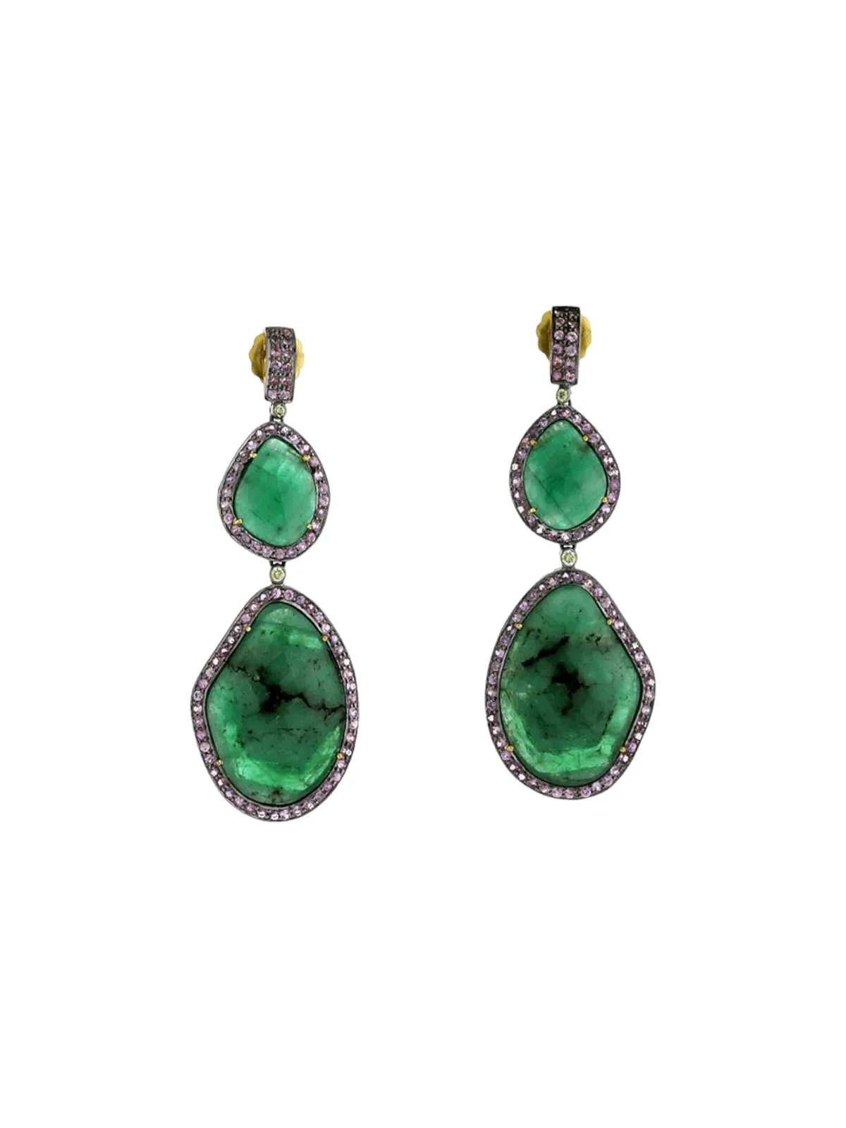48.92ct Emerald Sapphire Diamond 18K Gold Statement Earrings sold by Wish Fine Jewelry