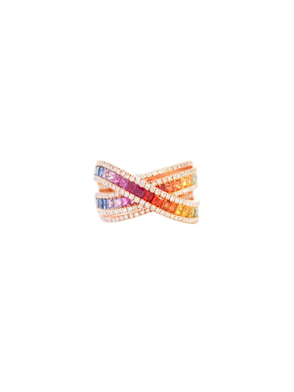 3.48ct Diamond Multi Sapphire 18K Gold Crossover Ring made by Wish Fine Jewelry