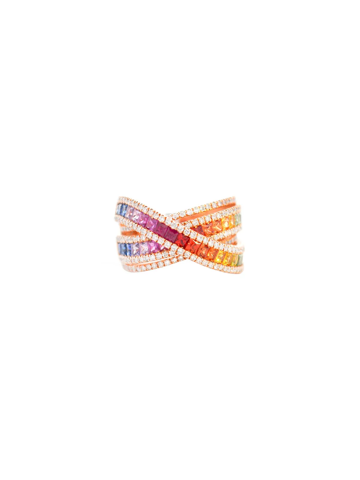 3.48ct Diamond Multi Sapphire 18K Gold Crossover Ring sold by Wish Fine Jewelry