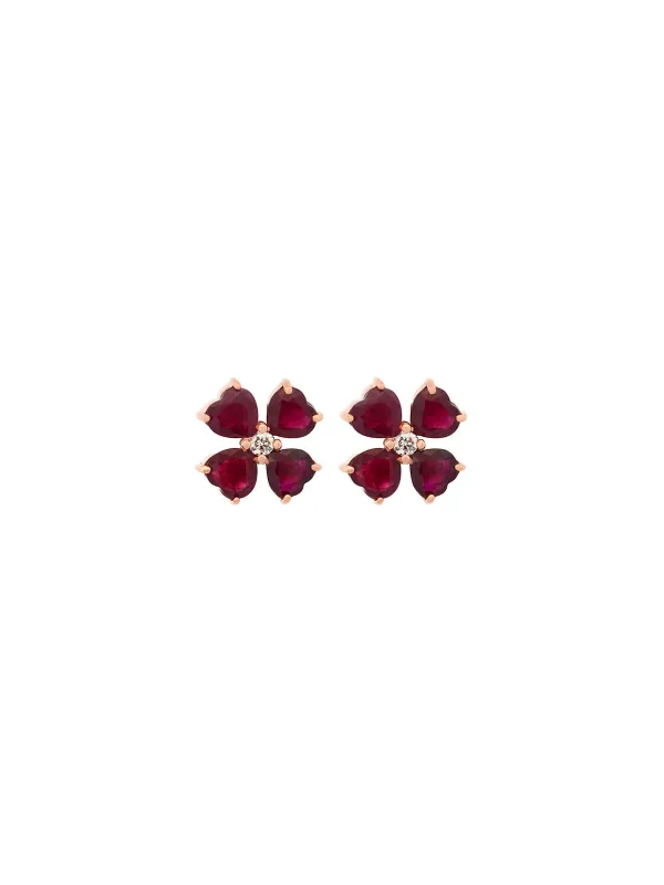 4.28ct Ruby 18K Gold Heart Cut Clover Stud Earrings made by Wish Fine Jewelry
