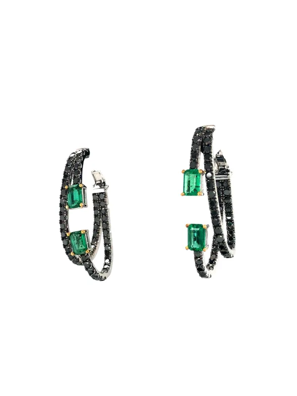 5.84ct Diamond Emerald 14K Gold Hoop Earrings - 14KW: 8.88g DIA: 3.88ct (104) EME: 1.96ct (4) 6x4 SIZE: 35mm made by Wish Fine Jewelry