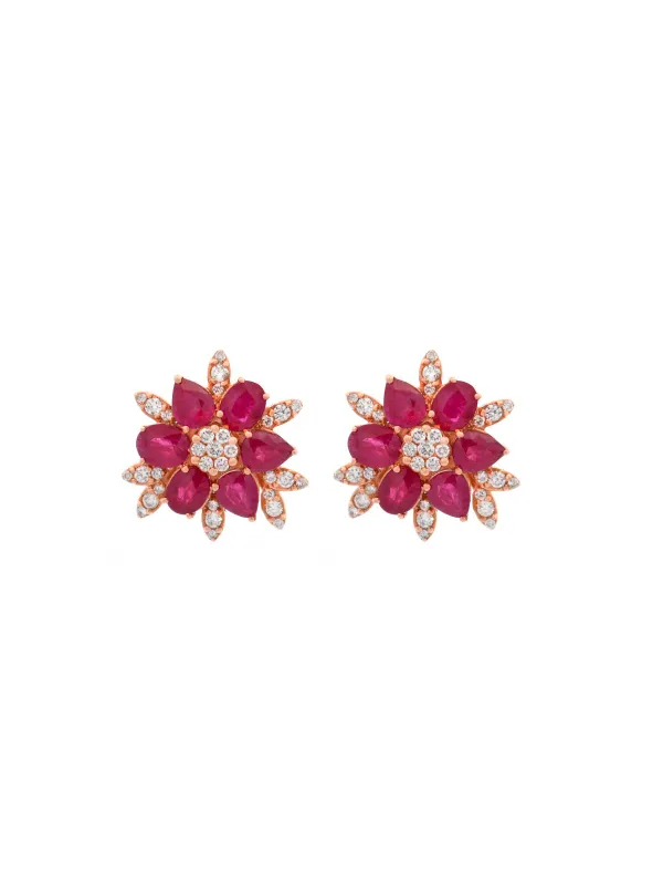4.14ct Diamond Ruby 18K Gold Flower Stud Earrings made by Wish Fine Jewelry