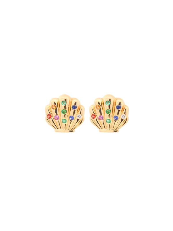 0.30ct Multi Sapphire Emerald & Diamond 18K Gold Sea Shell Earrings made by Wish Fine Jewelry