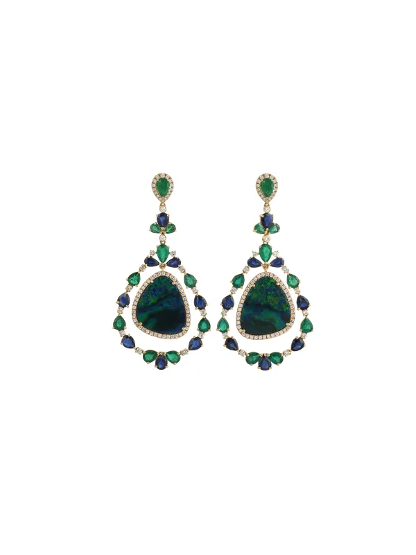 19.65ct Opal Emerald Sapphire Diamond 18K Gold Statement Drop Earrings made by Wish Fine Jewelry