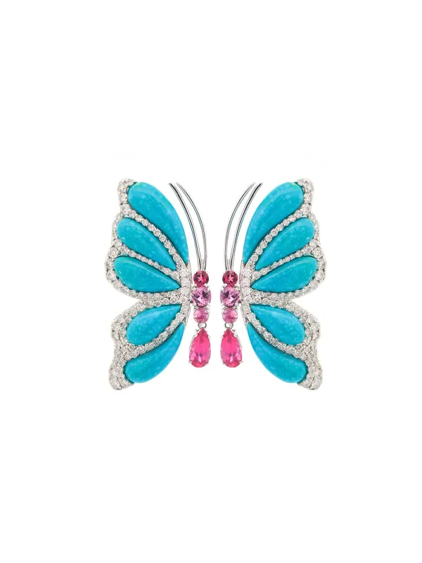 Diamond Turquoise Pink Tourmaline 18K Gold Butterfly Earrings made by Wish Fine Jewelry