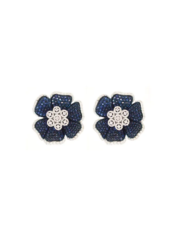 6.95ct Diamond Blue Sapphire 14K Gold Flower Stud Earrings made by Wish Fine Jewelry